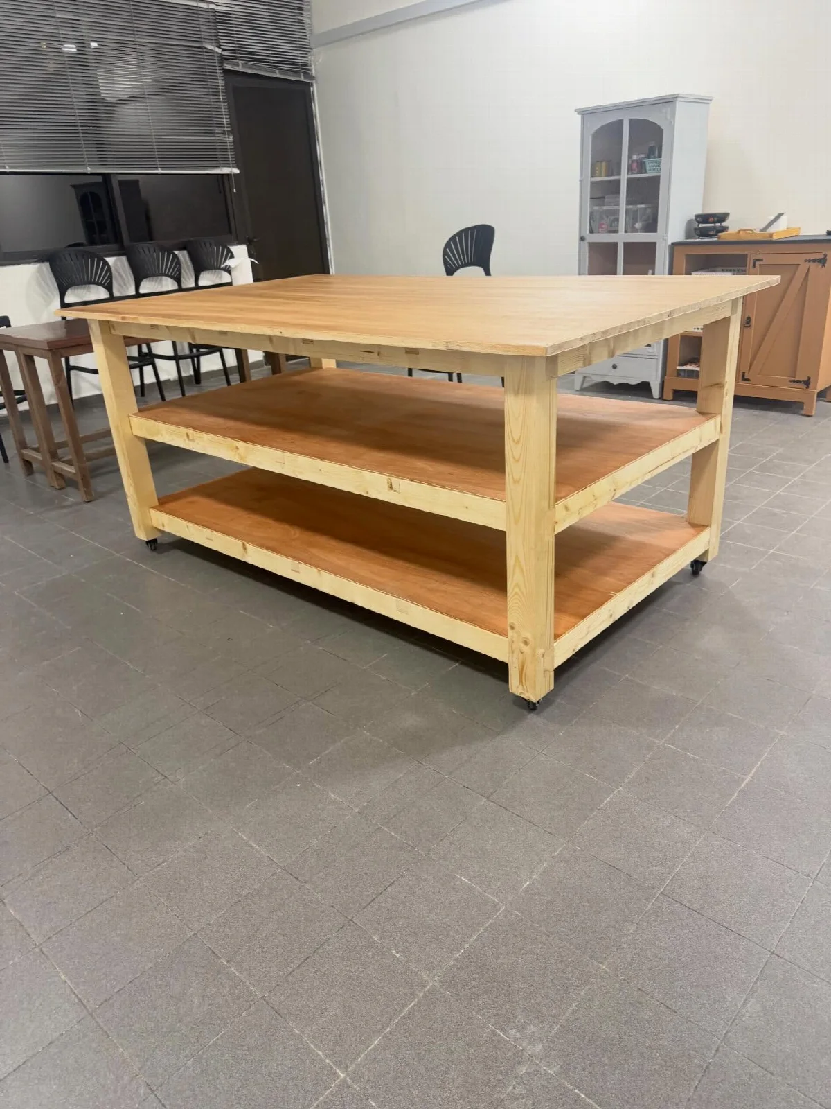 A wooden workbench in Hassan’s workshop